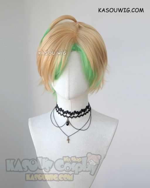 Hypnosis Mic Matenrou Hifumi Izanami short side parted blonde cosplay wig with highlighted green