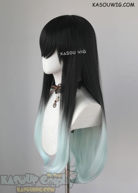 Kimetsu no Yaiba Demon Slayer Muichiro Tokito long straight black mint ombre cosplay wig