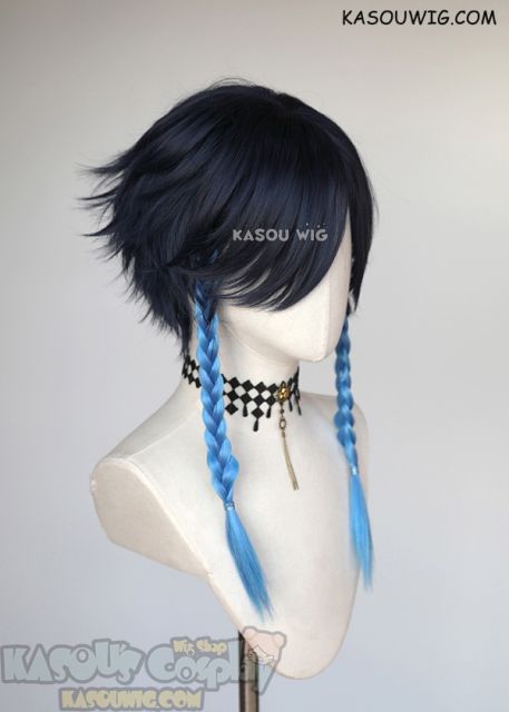 Genshin Impact Venti short deep blue flippy wig with dyed braids