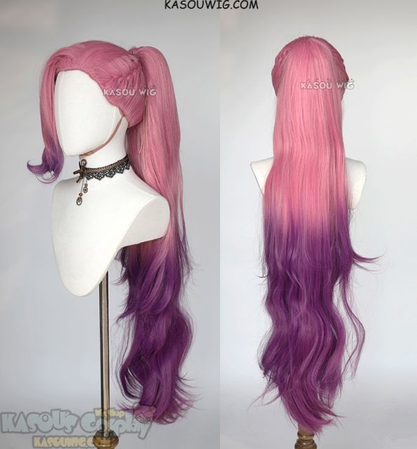 League of Legends LOL Seraphine pink purple ombre  110cm wavy ponytail cosplay wig