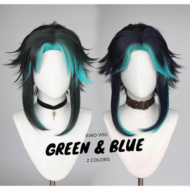 [2 colors] Genshin Impact Xiao 40cm layered flippy wig with teal highlights