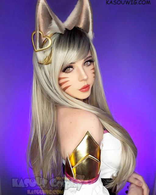 League of Legends KDA Ahri grayish blonde with black roots 75cm long straight wig