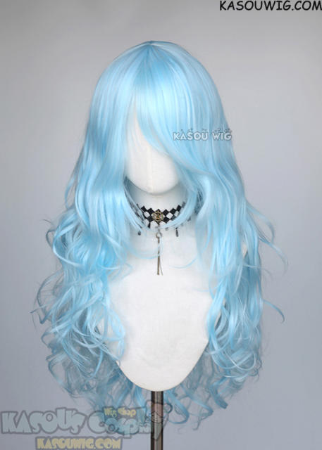 L-3 / KA046 light blue long layers loose waves cosplay wig heat-resistant fiber