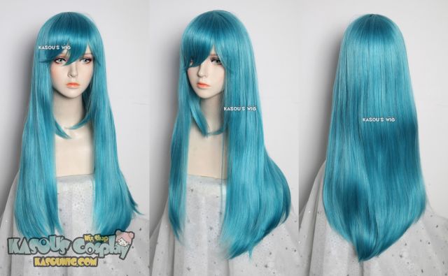 L-2 / KA059 teal blue green 75cm long straight wig . Hiperlon fiber