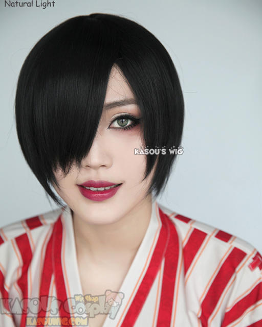 S-2 / KA032 jet black short bob smooth cosplay wig with long bangs