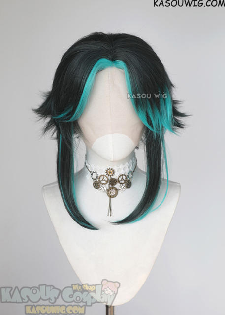 Lace Front >> Genshin Impact Xiao 40cm layered deep green flippy wig with teal highlights