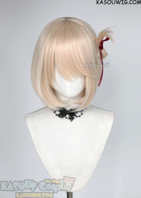 Lycoris Recoil Chisato Nishikigi pinkish blonde bob wig with a pre-tied bow