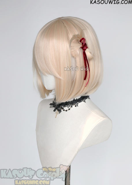 Lycoris Recoil Chisato Nishikigi pinkish blonde bob wig with a pre-tied bow