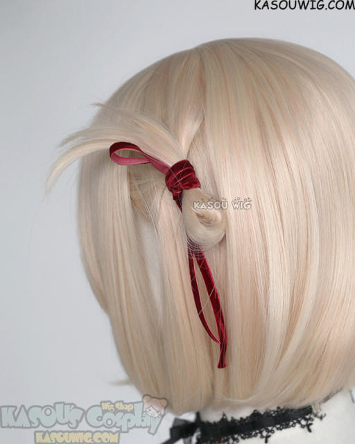 Lycoris Recoil Chisato Nishikigi pinkish blonde bob wig with a pre-tied bow