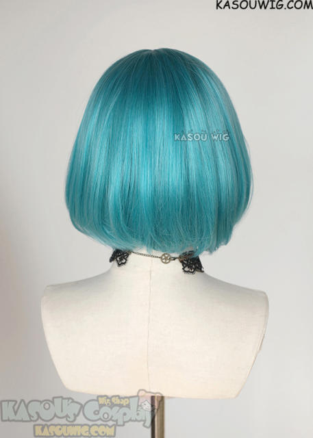 S-6 KA059 teal blue green short bob wig with long bangs