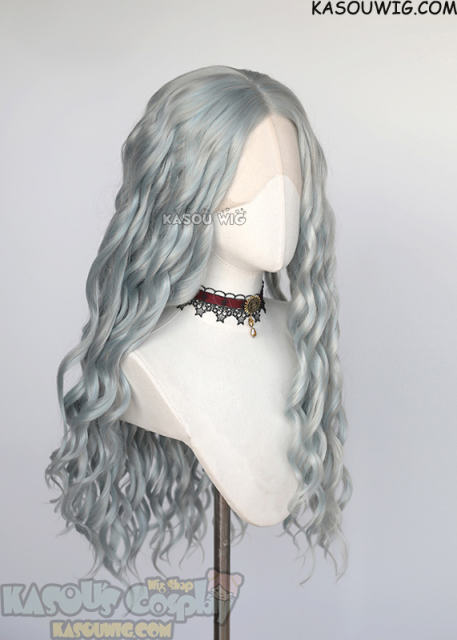 Lace Front>> My Hero Academia MHA Eri long grayish blue middle-parted wavy cosplay wig