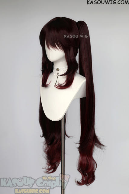 Genshin Impact Hu Tao pigtail brown red ombre wavy wig. ver 2