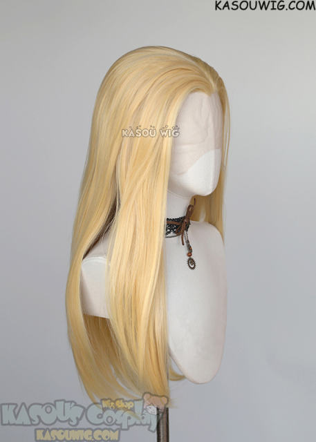 Lace Front>> yellow blonde 76cm long slicked-back straight synthetic cosplay wig LFL-2/KA008