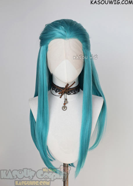 Lace Front>> teal blue green 76cm long slicked-back straight synthetic cosplay wig LFL-2/KA059
