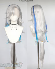 Lace Front>> Genshin Impact Neuvilette 110cm long silver white wig with blue gradual streaks