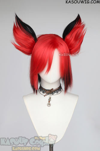 Hazbin Hotel Alastor red to deep brown ombre wig with clip-on ears