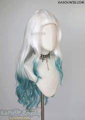 League of Legends Ahri Spirit Blossom 80cm long white teal ombre wig