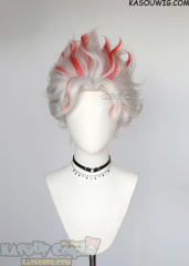 Dandadan Okarun Ken Takakura short pre-crimped wavy silver white wig with red streaks