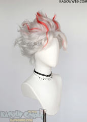 Dandadan Okarun Ken Takakura short pre-crimped wavy silver white wig with red streaks