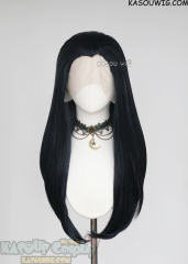 Lace Front>> Black Blue 76cm long slicked-back straight wig LFL-2/KA052