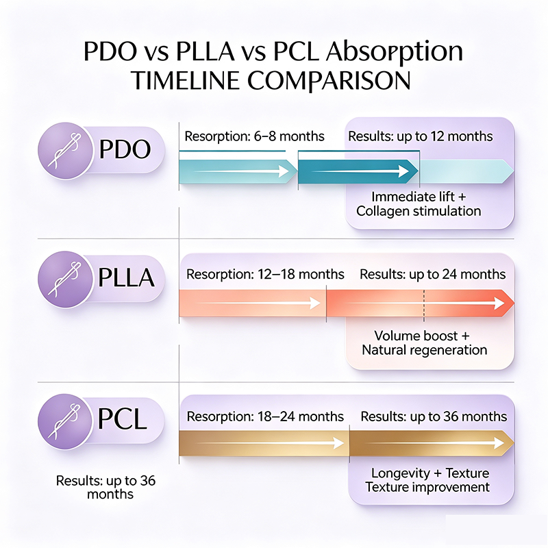 PDO vs PLLA vs PCL absorption timeline comparison chart