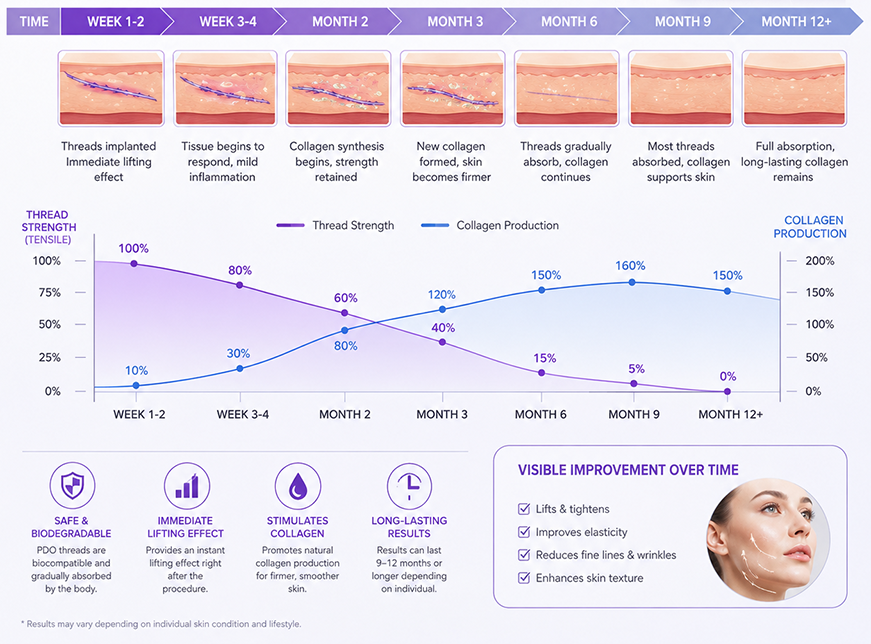 PDO thread absorption timeline: weeks to months strength and collagen chart