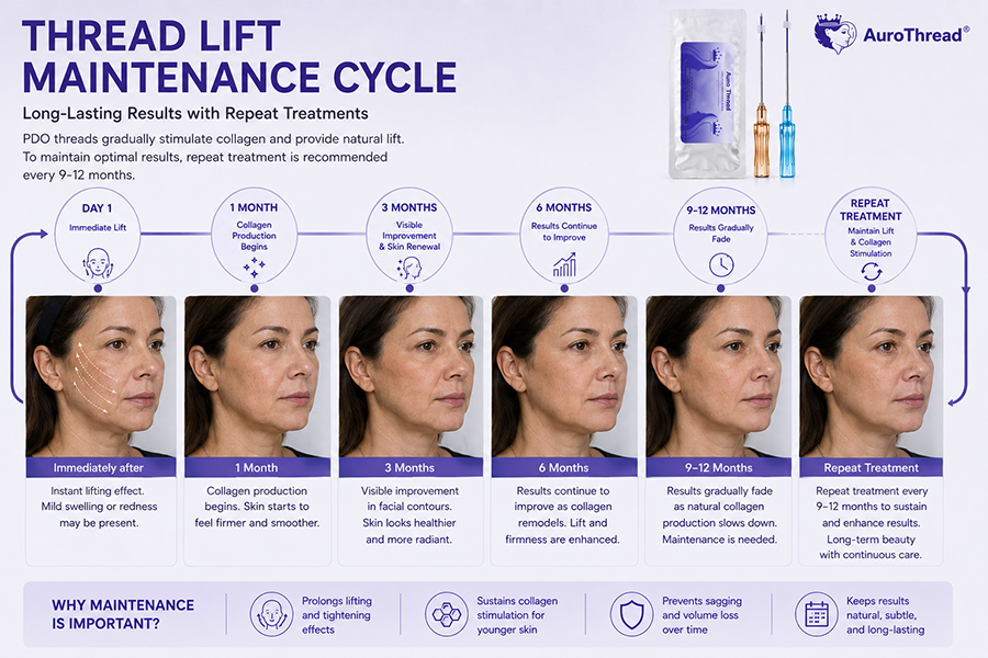 Thread lift maintenance cycle timeline 9-12 months repeat treatment diagram