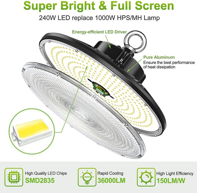 Ngtlight® 240W LED High Bay Light 36000lm (1000W HID/HPS Equiv.) 0-10V Dimmable 5000K IP65 Commercial Warehouse Lighting Fixture