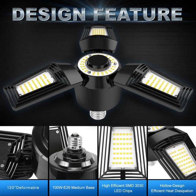 Ngtlight® 80W Garage Light 9600LM ETL Listed E26 3 Panel Deformable 5000K For Garage Ceiling Workshop