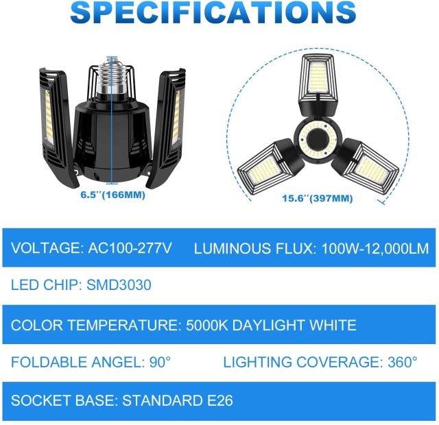 Ngtlight® 100W LED Deformable Garage Light 12000LM ETL Listed E26 3-Panel 5000K