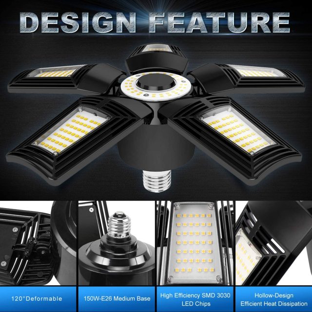 Ngtlight® 150W Deformable LED Garage Lights ETL E26 Base 18000LM 5-Leaf 5000K For Garage Warehouse Basement Workshop