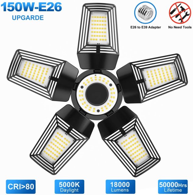 Ngtlight® 150W Deformable LED Garage Lights ETL E26 Base 18000LM 5-Leaf 5000K For Garage Warehouse Basement Workshop