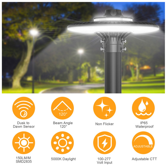 Ngtlight® 80W Led Post Top Lights With Photocell 10400Lm 5000K LED Circular Area Pole Light [250W Equivalent] IP65 Waterproof