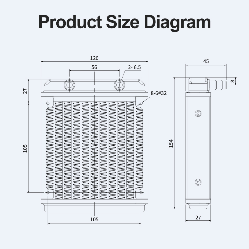 120S-8 120mm Aluminum Radiator with Barb Fittings for PC Liquid Cooling, Dense Fin Core, Single Fan