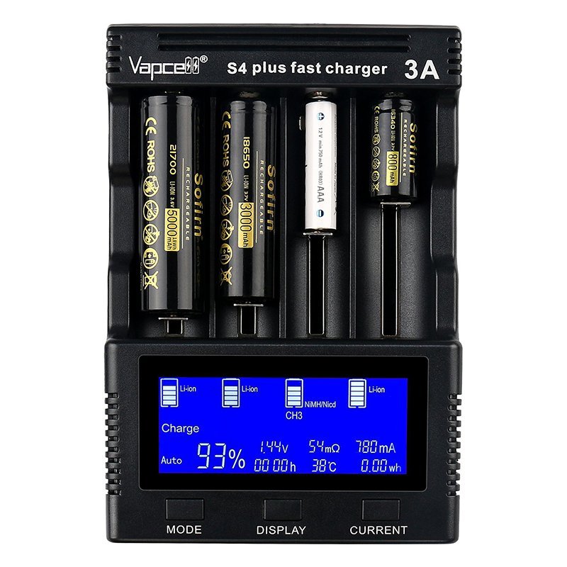 Vapcell S4+ Smart Chargers with 4 Slots, max 3A per slot, for 10440 14500 16340 18650 21700 and 26650 Batteries