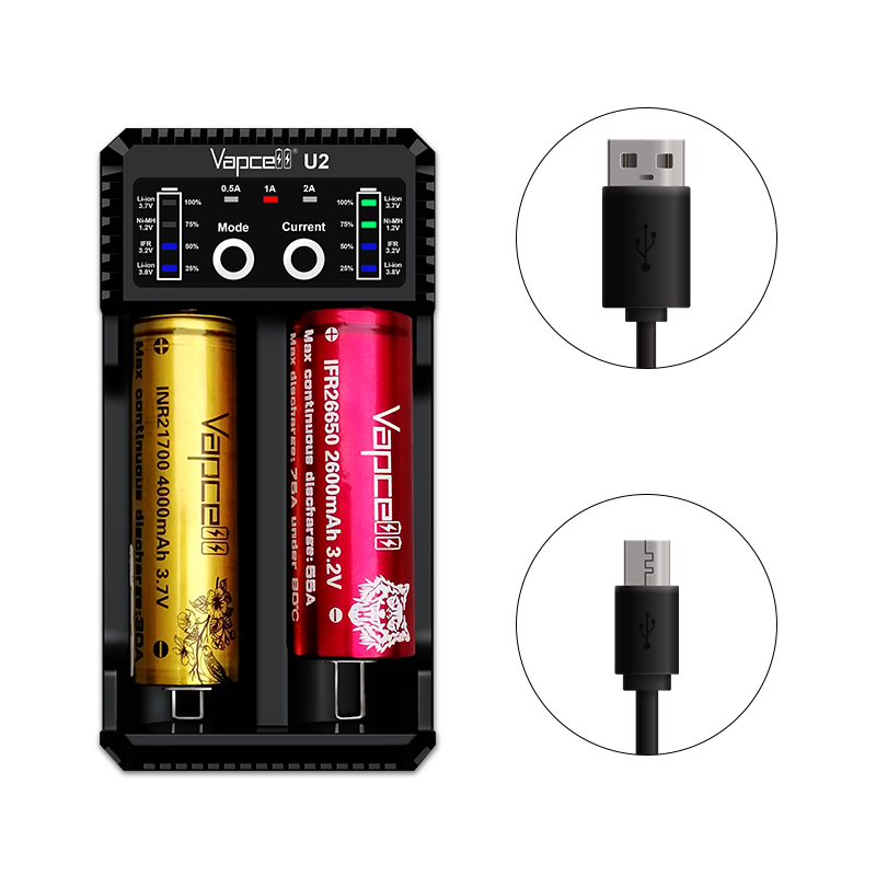 Vapcell U2 2A Smart mini charger USB for Li-ion / Lifepo4 / Ni-MH/Ni-Cd AAA AAAA C D battery charge