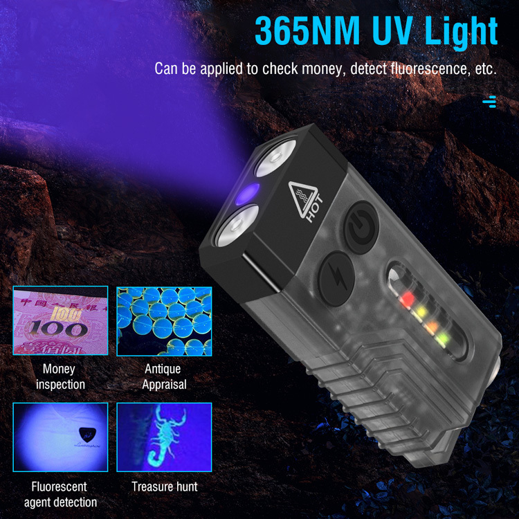 Multifunction Keychain Flashlight, 900 Lumens & 100 Meters, UV light / Red light strobe / Red-Blue Flashing, Type-C Rechargeable EDC Torch, Magnet for Convenient Use, IP65. V3