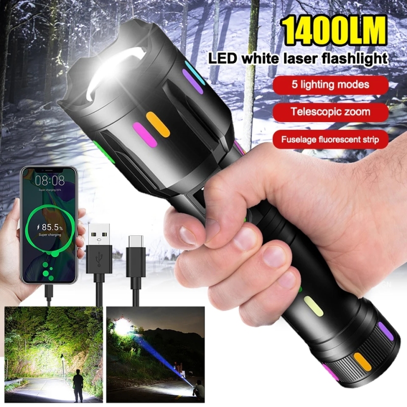 Tactical Zoomable Flashlight 1400LM 500 Meter Long-Range Laser Hiking Torch TYPE-C Rechargeable Fluorescent Search Spotlight