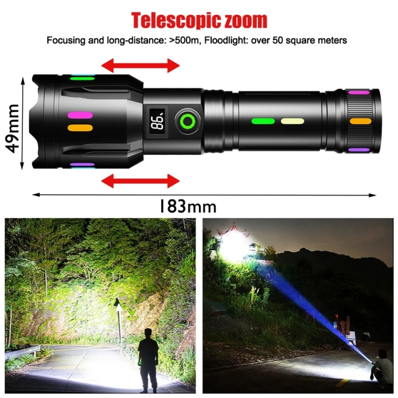 Tactical Zoomable Flashlight 1400LM 500 Meter Long-Range Laser Hiking Torch TYPE-C Rechargeable Fluorescent Search Spotlight