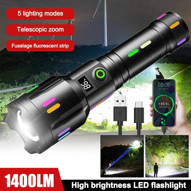 Tactical Zoomable Flashlight 1400LM 500 Meter Long-Range Laser Hiking Torch TYPE-C Rechargeable Fluorescent Search Spotlight