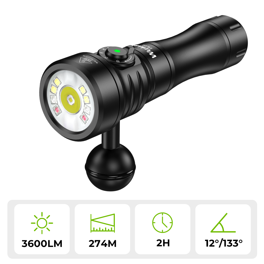 Wurkkos DL08 4-in-1 Dive Light – 3600LM High-CRI Underwater Photography Light with Spot, Flood, 660nm Red Light & UV LED