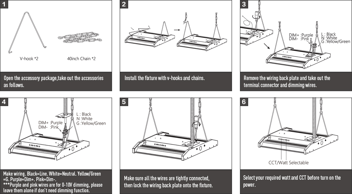 Installatin steps for direct & indirect high-bay lights