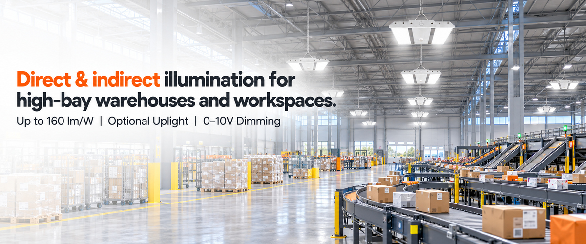 Direct & indirect illumination for high-bay warehouses and workspaces.