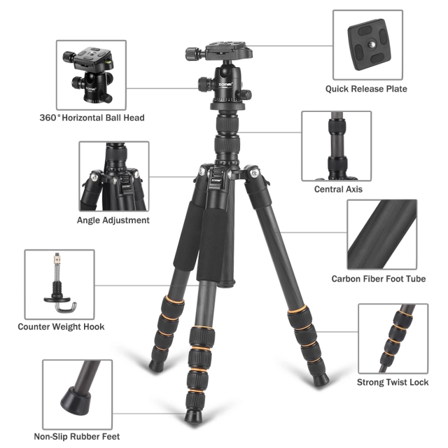 ZOMEi Q666C Folding Carbon Fiber Portable Tripod to Professionals Easy to Operate as a Travel Companion