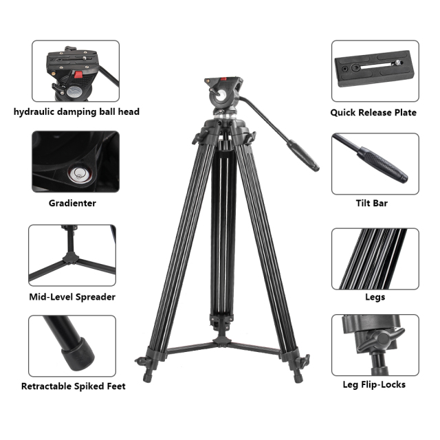 ZOMEi VT530 Professional Video Tripod 74 Inch with 360 Degree Fluid Drag Head, 1/4 Quick Release Plate for DV Cameras Camcorders