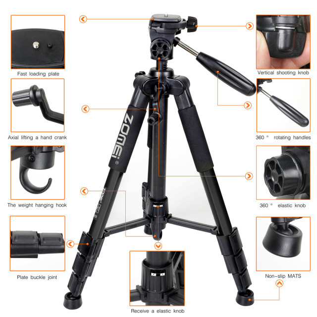 ZOMEi Q111 Portable Aluminum Tripod Stand Kit for Live Broadcast Video Photography and Wildlife Photography