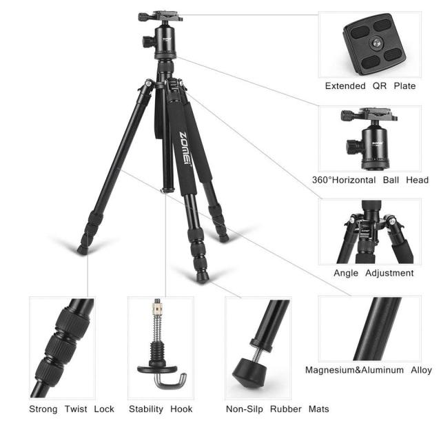 ZOMEi Z818 / Z888 Heavy Duty Camera Tripod 65 Inch for Professional Photographic Shooting for Landscape and Food Photography - Black