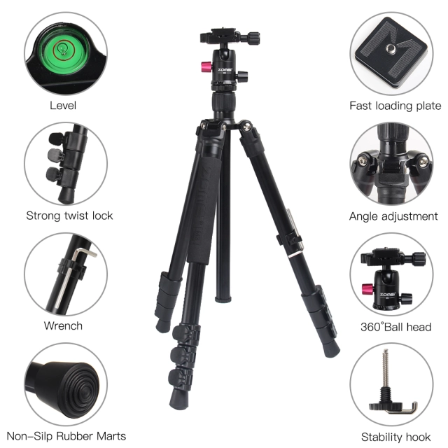 ZOMEi M3 BLACK Tripod with Monopod Compact Ball Head Tripod Kit 62.5 Inch for Wedding and Party Photography with Monopod Conversion