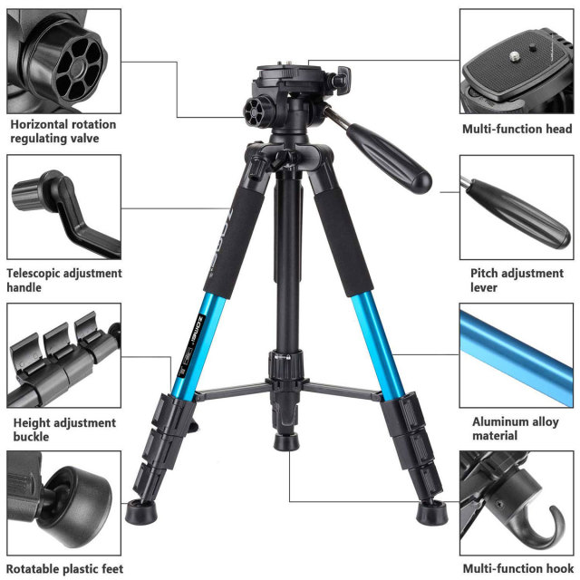 ZOMEi Q111 Lightweight Backpacking Tripod Kit 4-Section with 3-Way Pan Head and Carrying Case for Home Travel Photography Camera DV - Blue