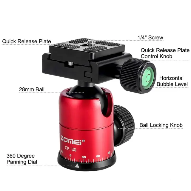 ZOMEi CK30 Aluminum Mini Tabletop Tripod with 360 Degree Panoramic Ball Head - Red